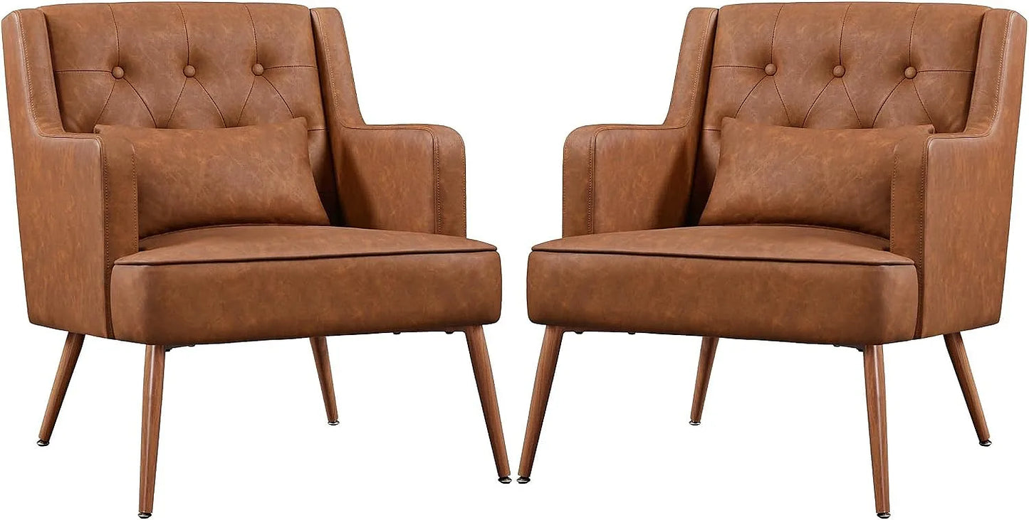 2PCS Mid Century PU Leather Accent Chair with Lumbar Pillow, Comfy Upholstered Armchair for Living Room Bedroom Brown