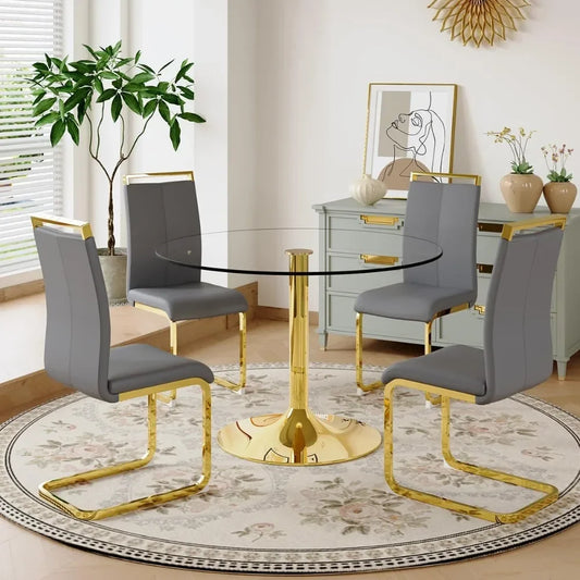 Round Glass Dining Table Set For Four With Metal Legs
