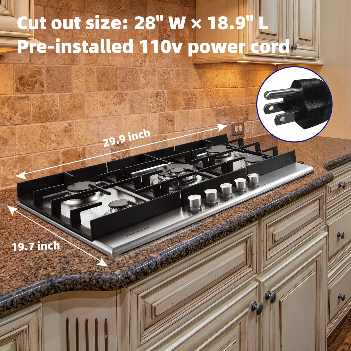 TopStrong 30 Inch Built In Stainless Steel Gas Cooktop Five High Power Burners