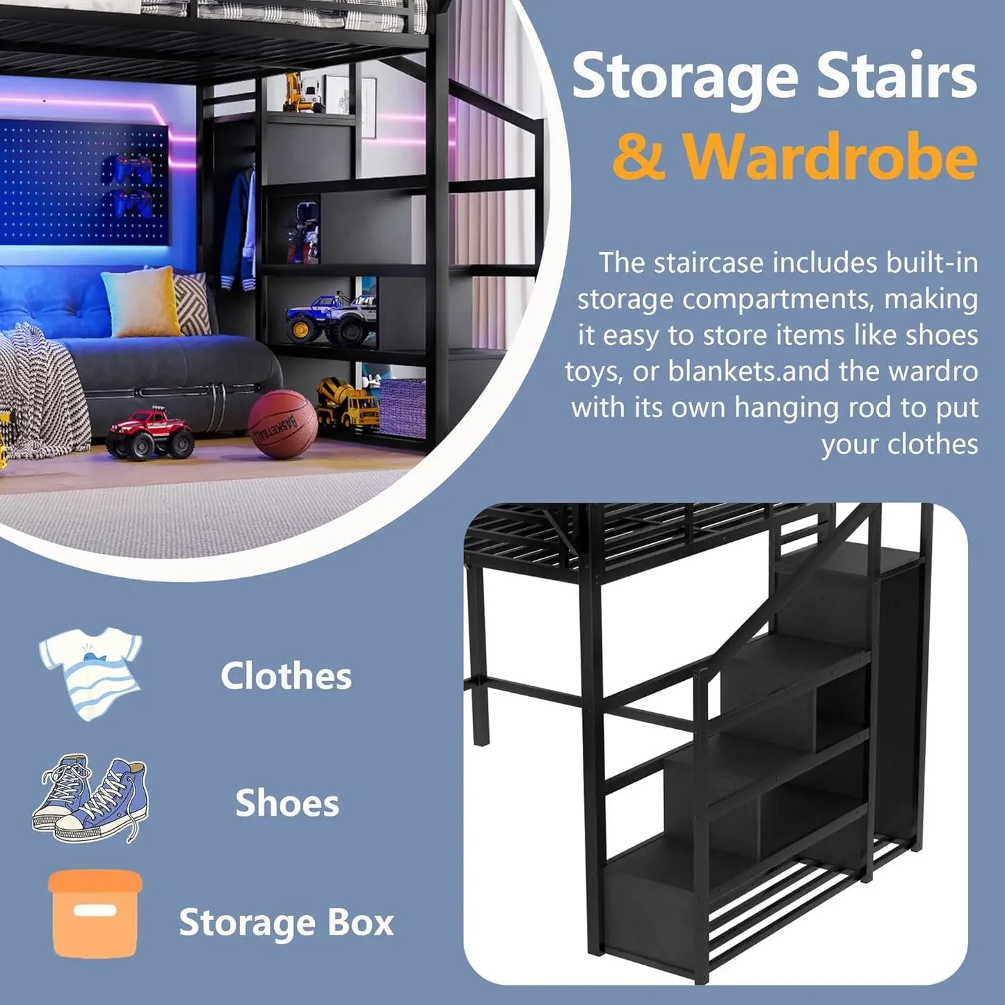 Queen Loft Bed With Stairs Storage Wardrobe USB Ports LED