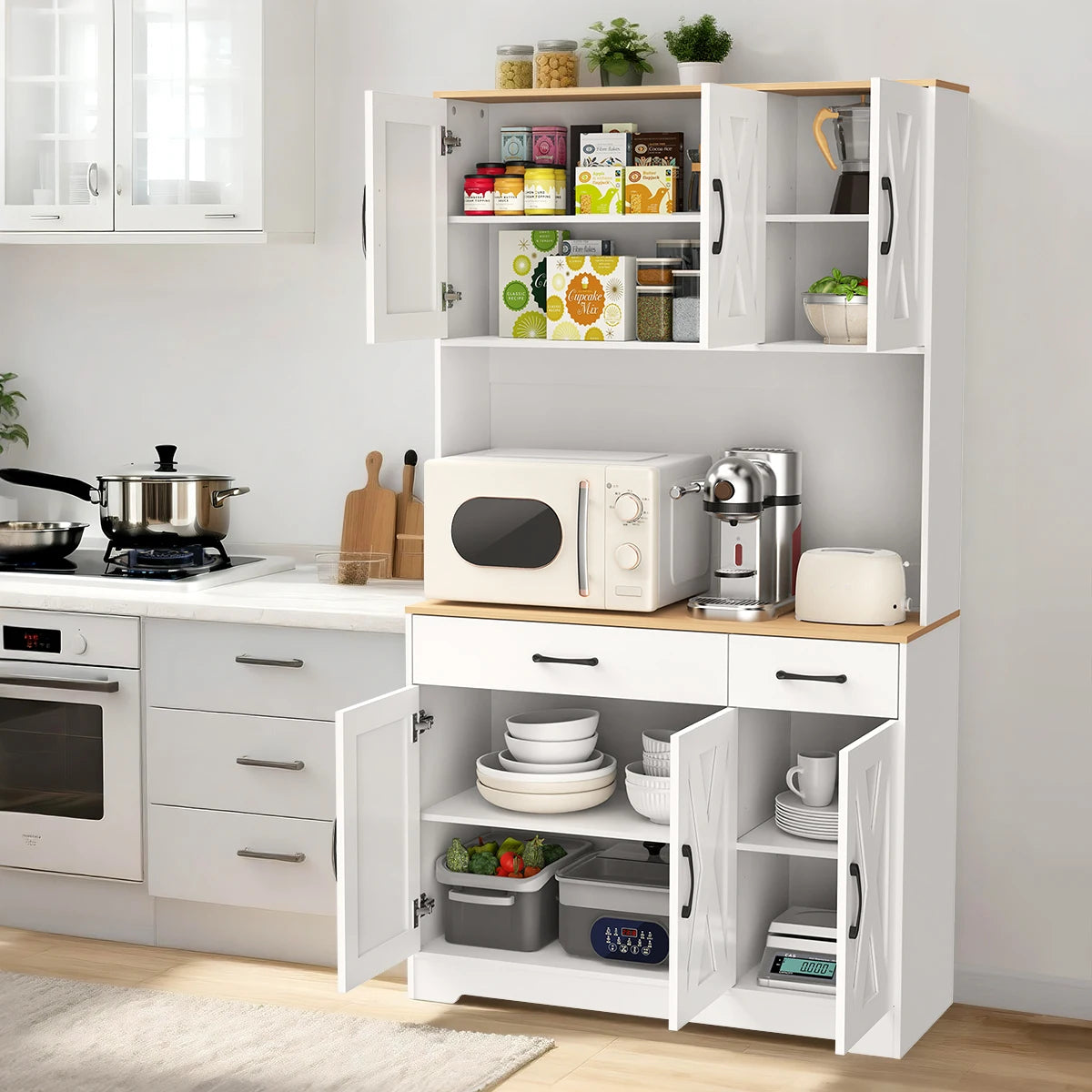 67" Food Pantry Storage Cabinet for Kitchen, White Freestanding Pantry with Charging Station, Door And Adjustable Shelves, Buffet Cabinet for Kitchen, Living Room, And Dining Room, Freestanding Tall Pantry with Microwave Shel