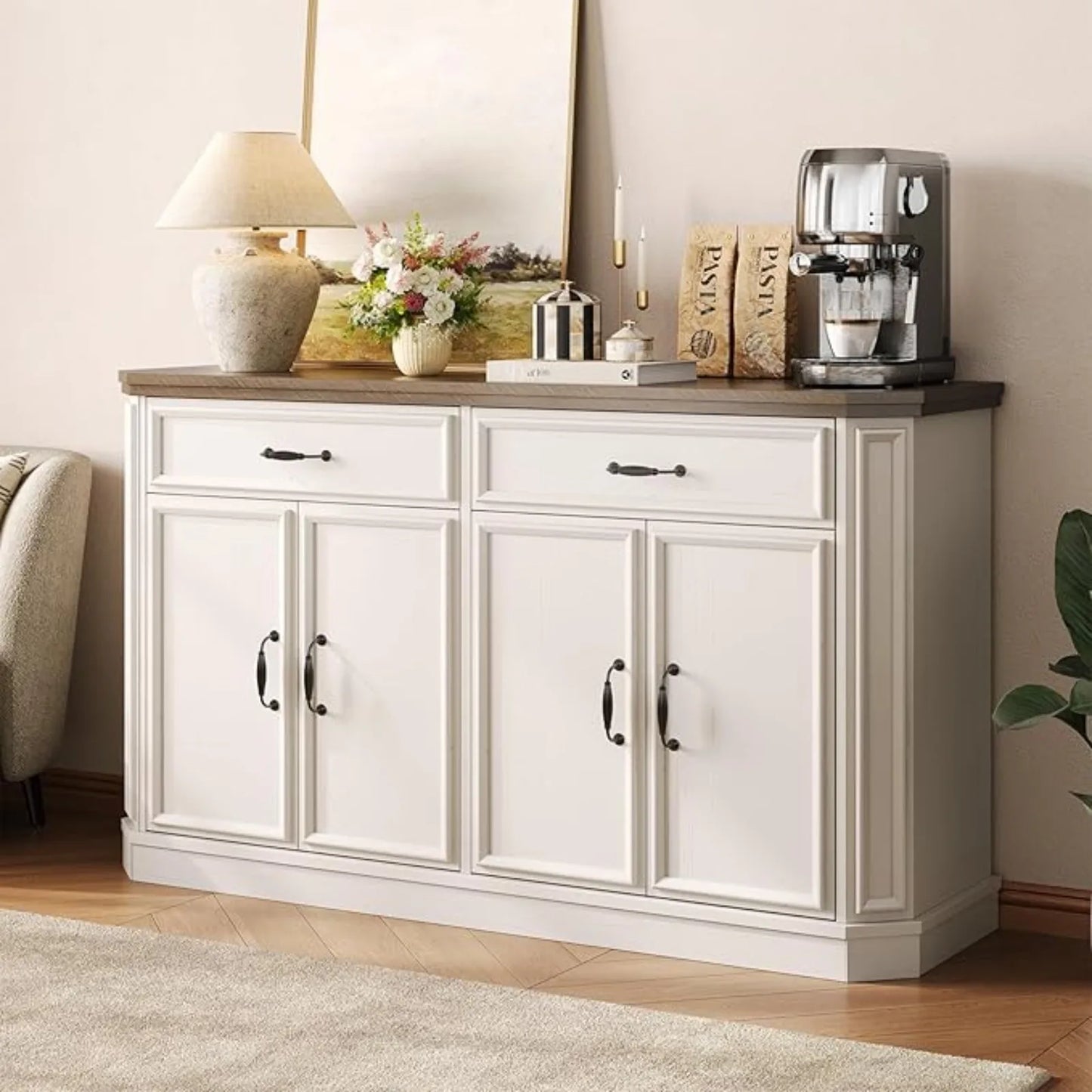 55" Sideboard Buet Cabinet with 2 Storage Ders & 4 Do, ern Kitchen Sideboards and Buets with Adjustable Shelves, Wood Coee Bar C