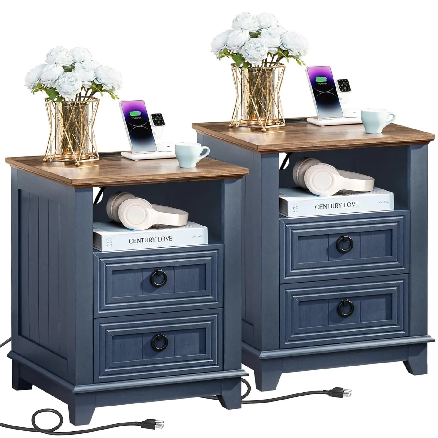 Farmhouse Night Stands Set 2 With Charging Station And Drawers