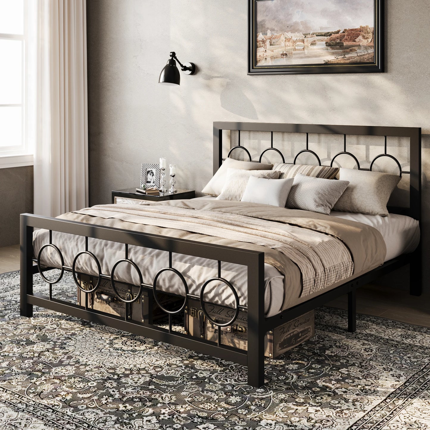 HOOMIC Vintage Circular Headboard Metal Platform Bed Frame
