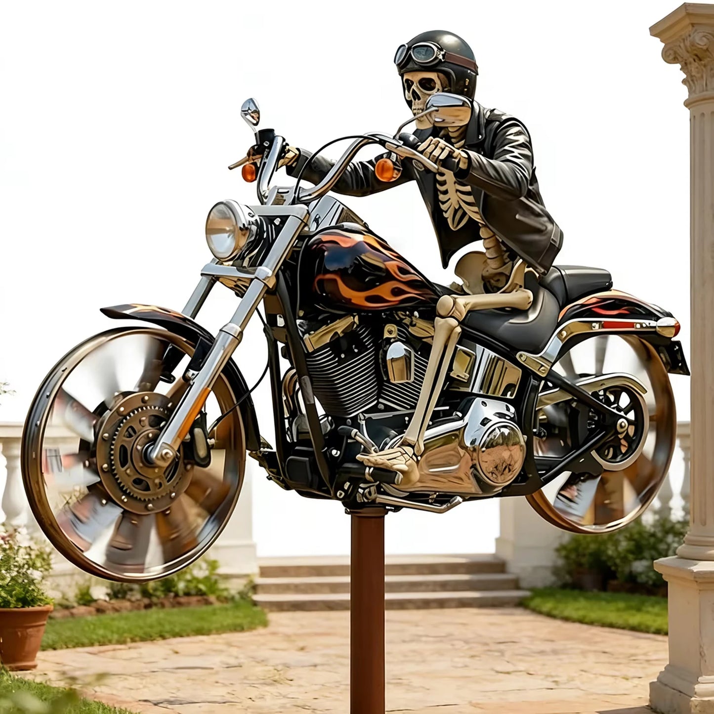 Skeleton Biker Wind Spinner With Rotating Wheel Metal Pinwheel Outdoor Decor
