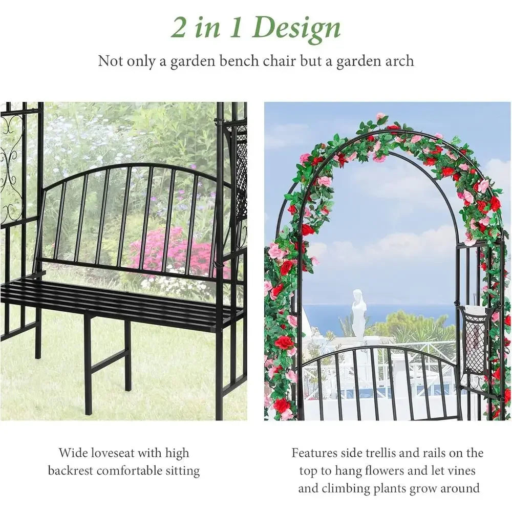Metal Garden Arch With Bench For Climbing Plants And Seating
