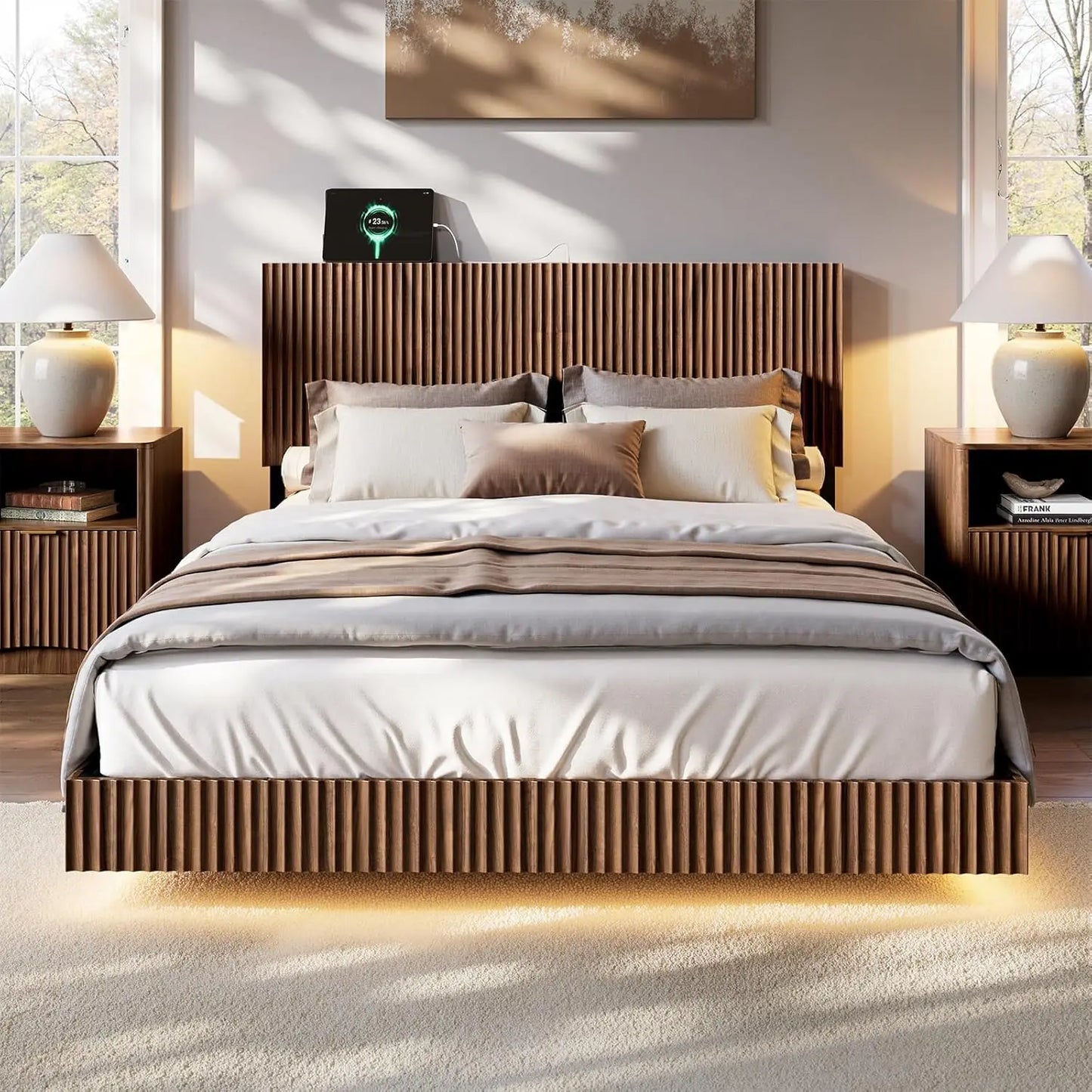 Walnut Floating Bed Frame With Headboard And LED Lights