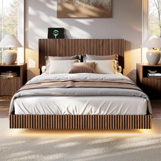 Walnut Floating Bed Frame With Headboard And LED Lights