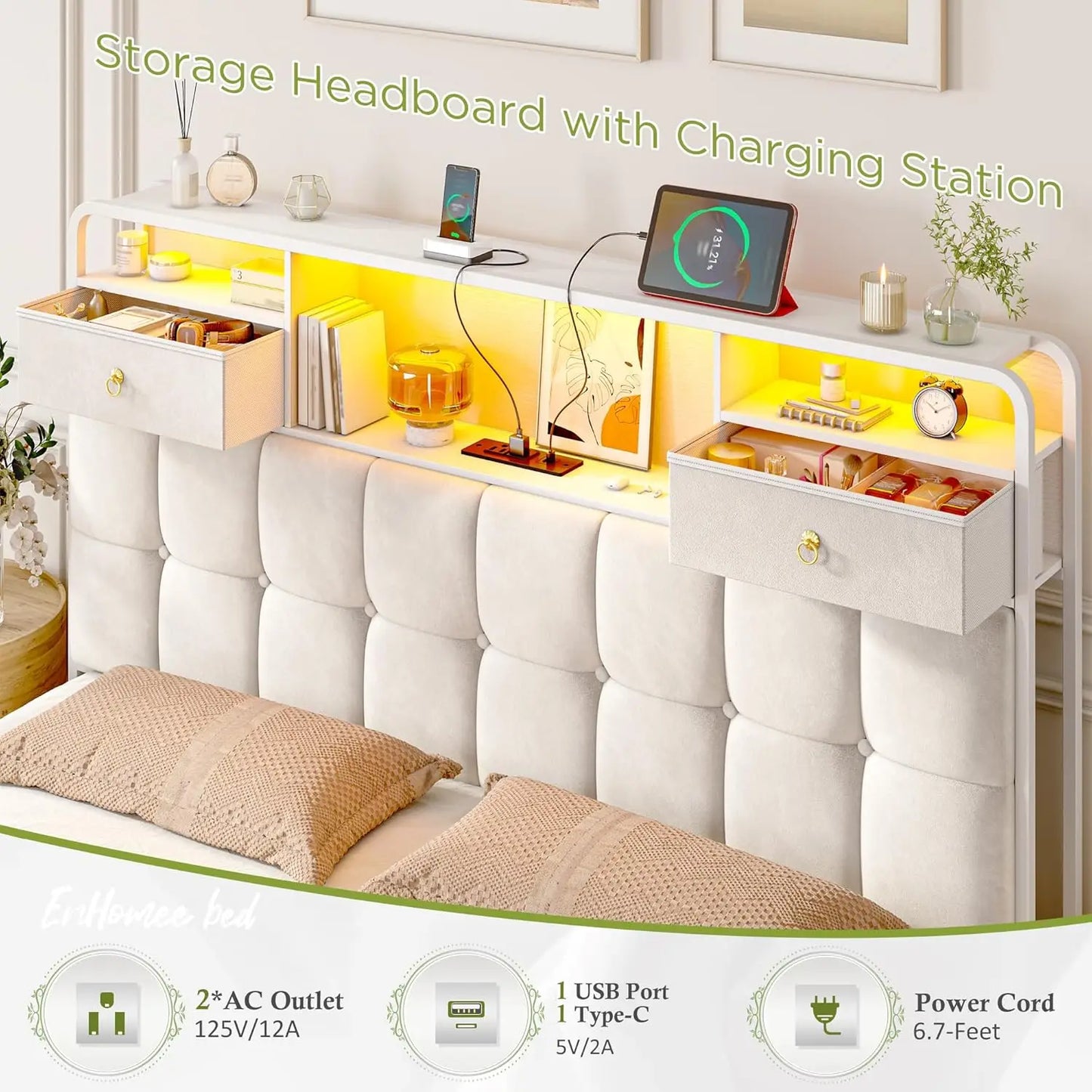 Queen Bed Frame With Storage Drawers And LED Lights