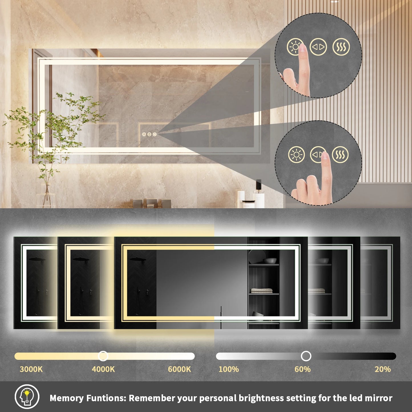 Wisfor LED Backlit Anti-Fog Bathroom Mirror With Front And Backlight