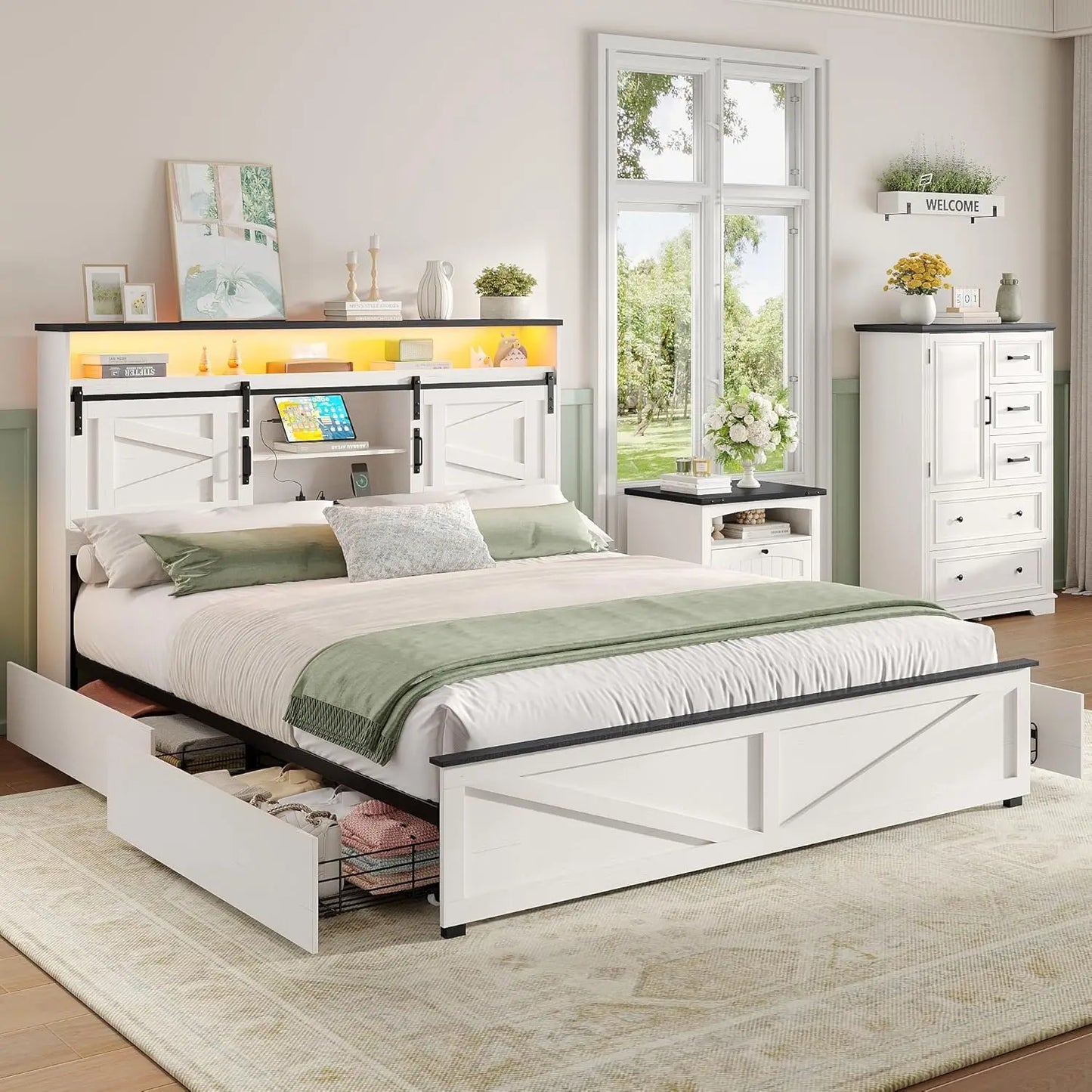 XIAOLANG Farmhouse Bed Frame With Four Drawers And Bookcase Headboard