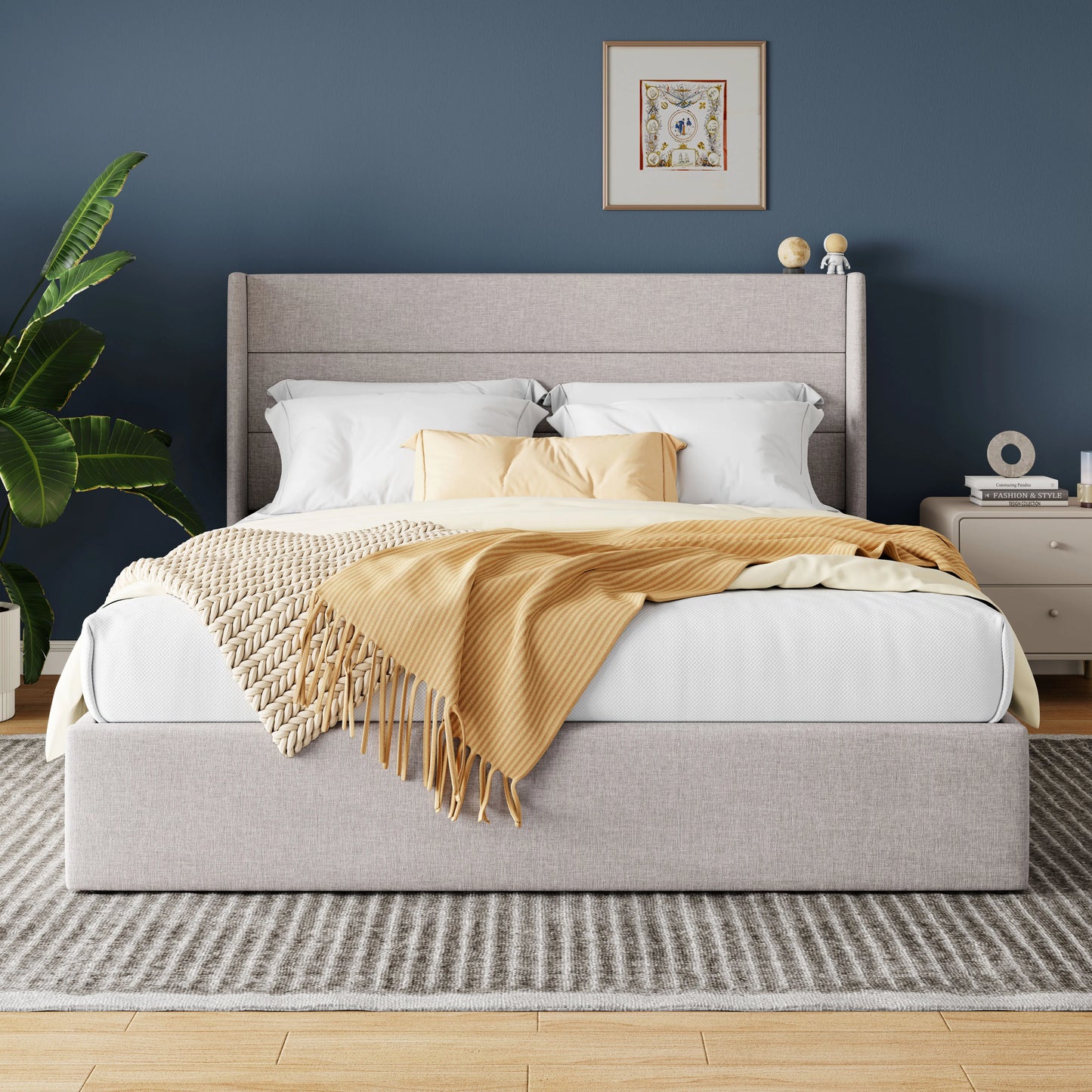 Allewie Lift Up Storage Bed With Wingback Headboard And Hydraulic System