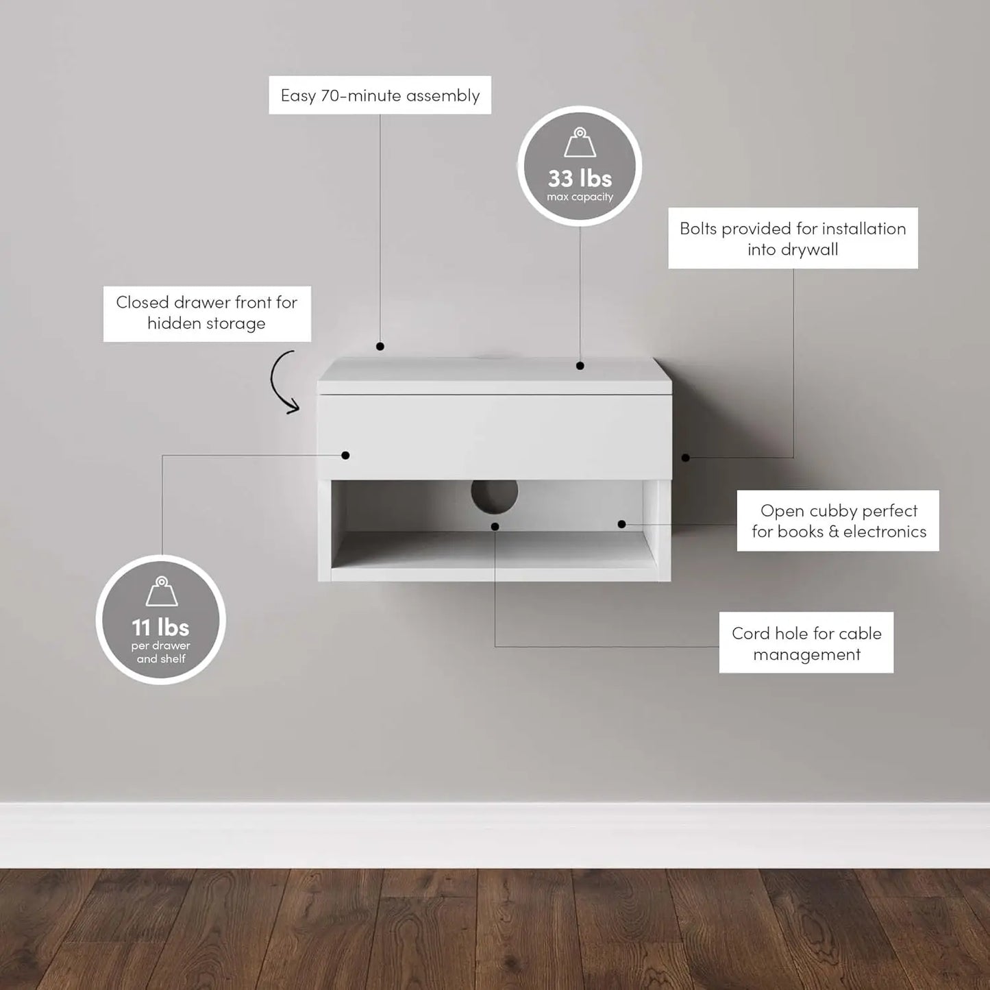 Wall Mounted Floating Nightstand With Drawer And Open Shelf 2-Pack