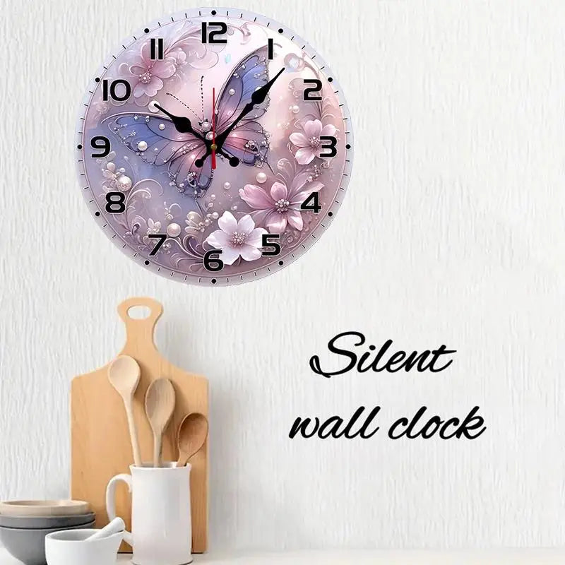 DIY Butterflies And Pearls Wooden Round Silent Hanging Wall Clock