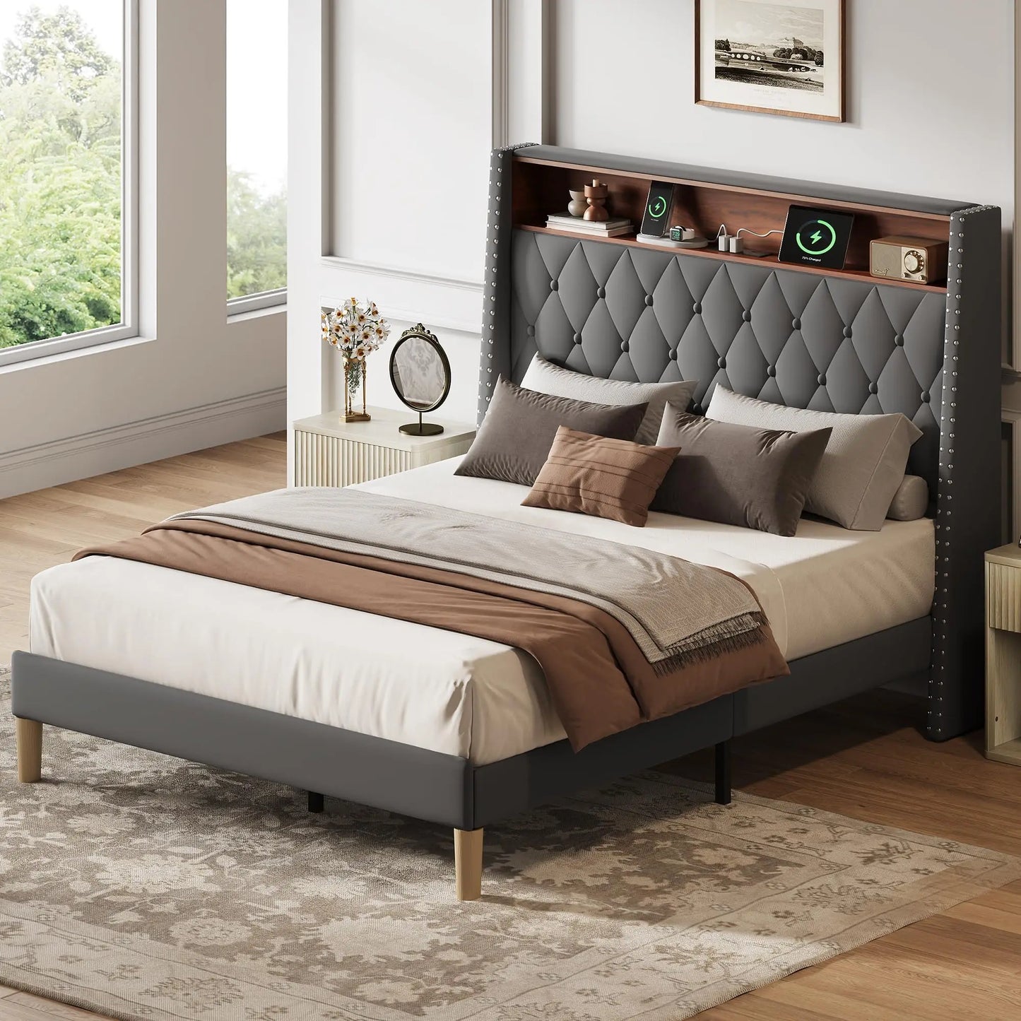Upholstered Bed Frame With Wingback Headboard And Charging Station