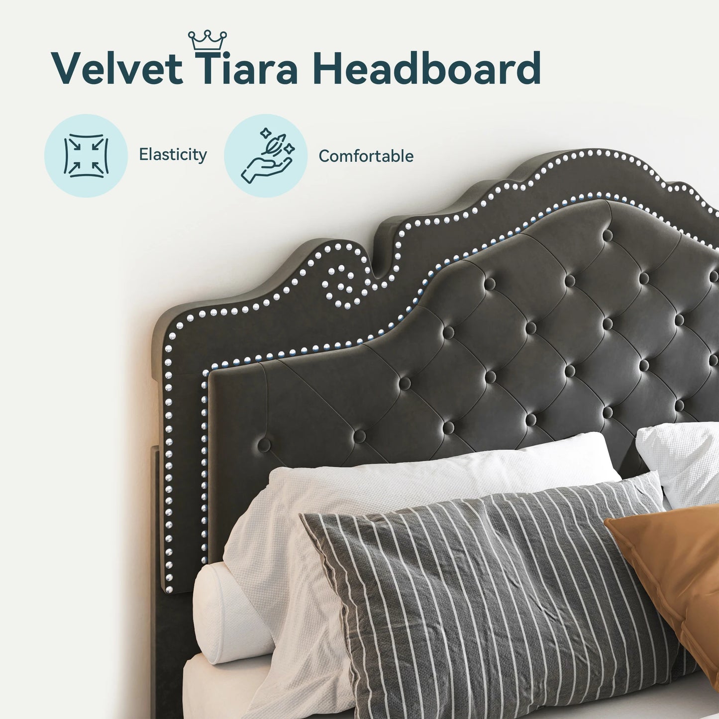 HOOMIC Velvet Bed Frame With Adjustable Diamond Tufted Tiara Headboard