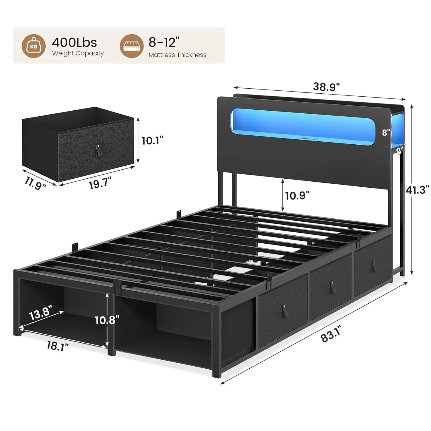 Twin Storage Bed Frame With 6 Drawers LED Headboard Outlets