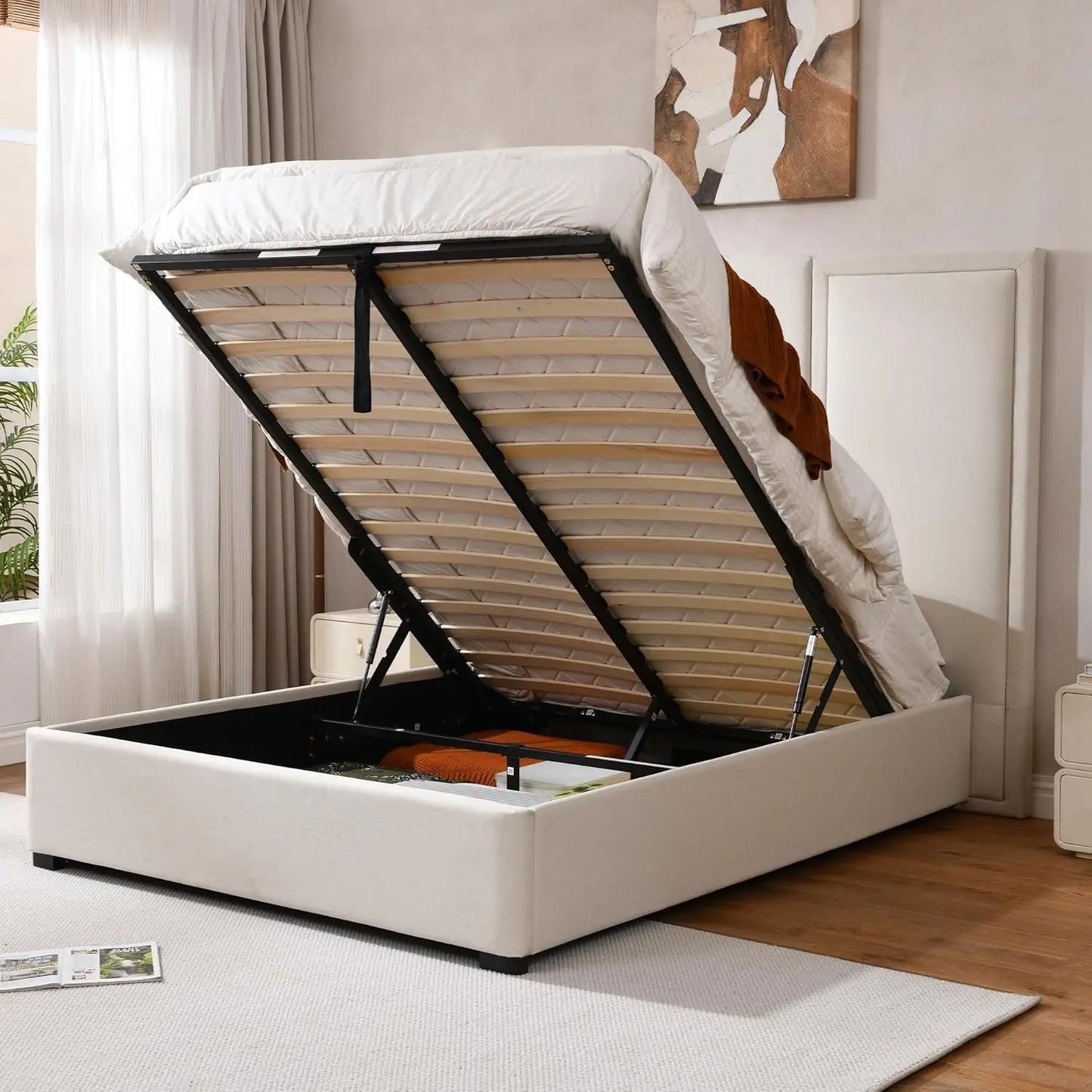 Queen Linen Upholstered Platform Bed With Storage Drawers