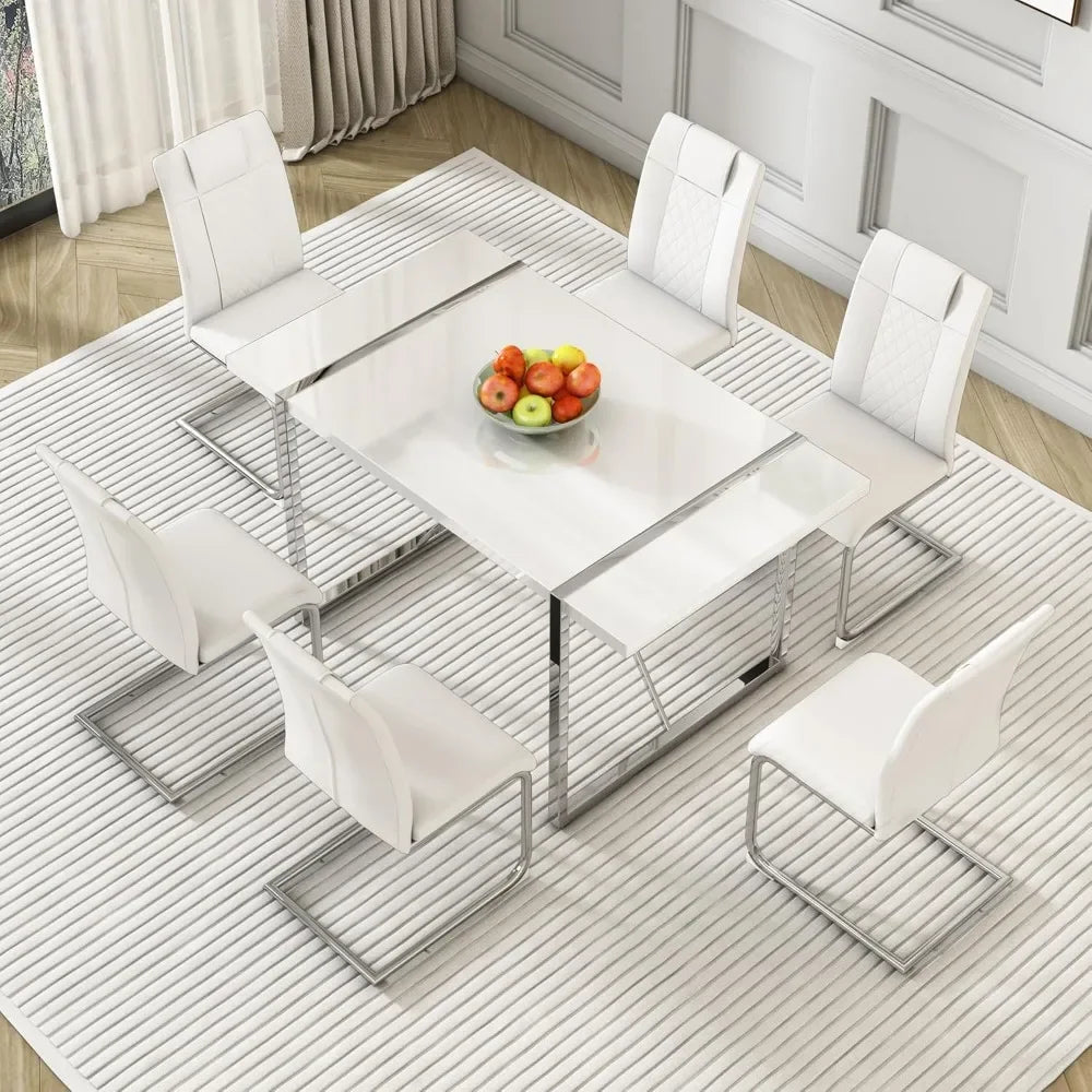 Dining Table Chairs Set For Six With PU Leather Upholstery
