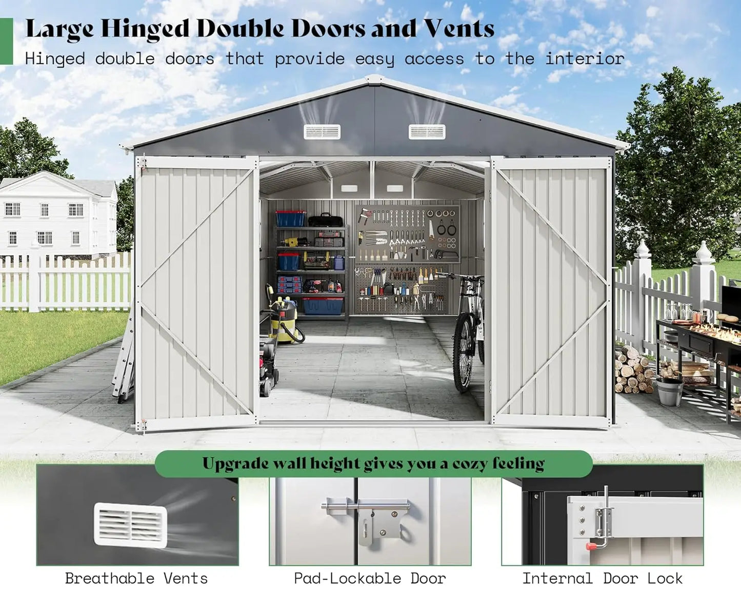 GELU Outdoor Metal Storage Shed With Double Doors And Windows