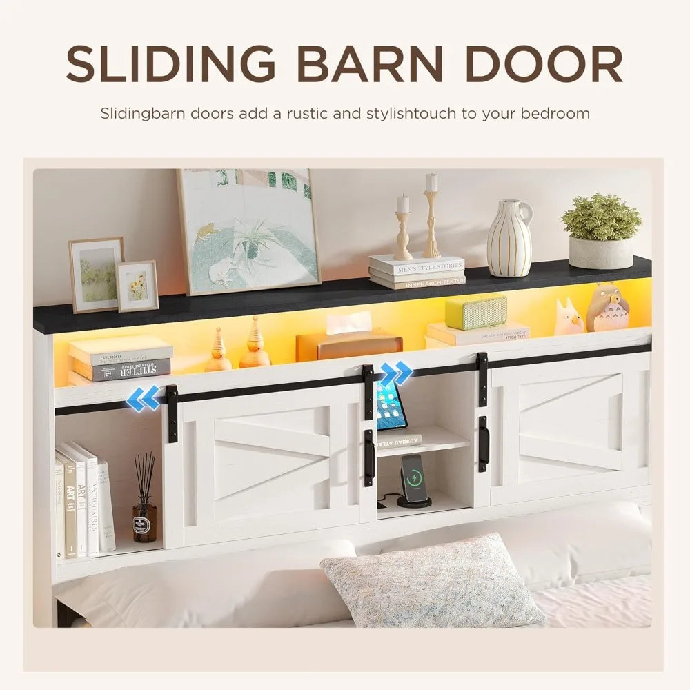 XIAOLANG Farmhouse Bed Frame With Four Drawers And Bookcase Headboard