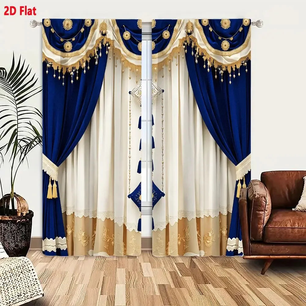 2Pcs Curtains Add 2D Flat Opulent Royal Blue Velvet Curtains With Gold Trim Cream Sheer Panels Ornate Tassels Window Drapes for