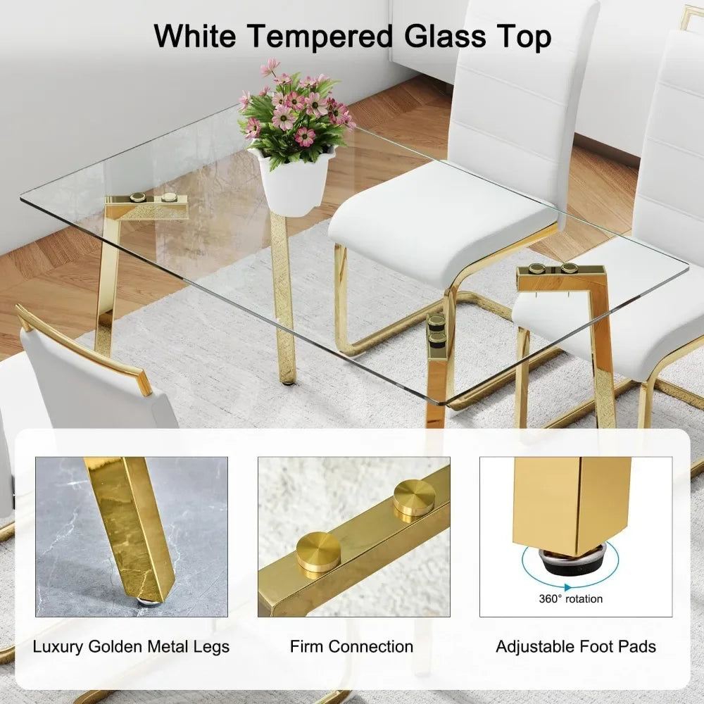 Dining Table Set With Gold Legs And Faux Leather Chairs