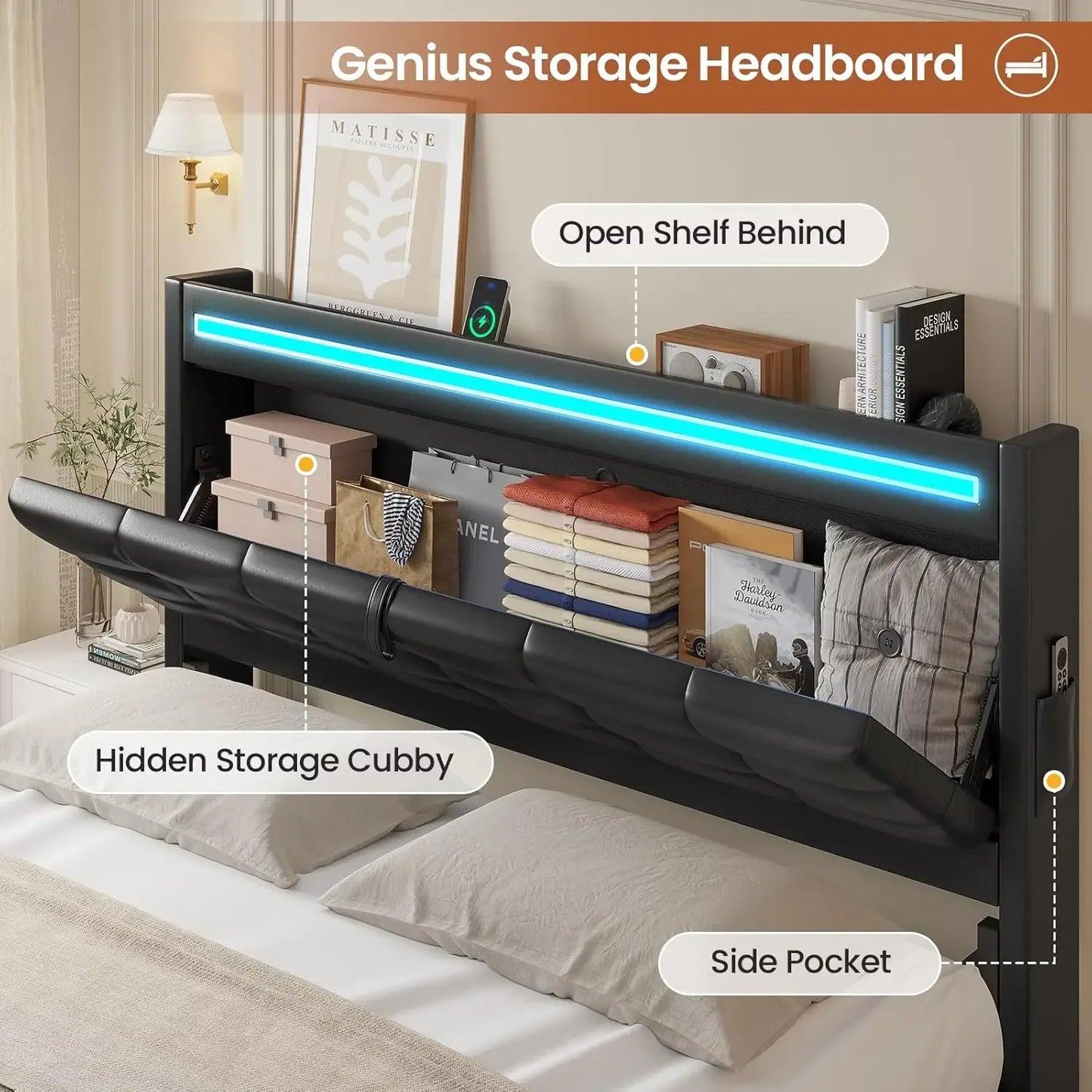 Queen Bed Frame With Storage Headboard And LED Charging Station