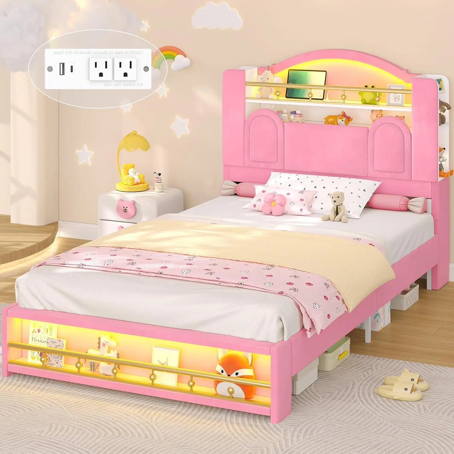 Upholstered Platform Bed With Storage Headboard LED USB Ports