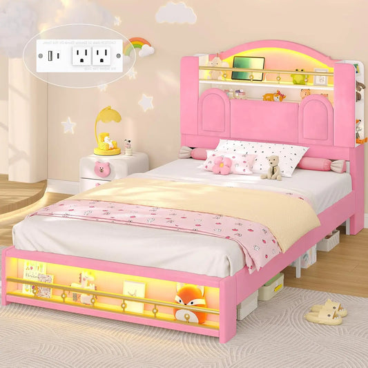 Upholstered Platform Bed With Storage Headboard LED USB Ports