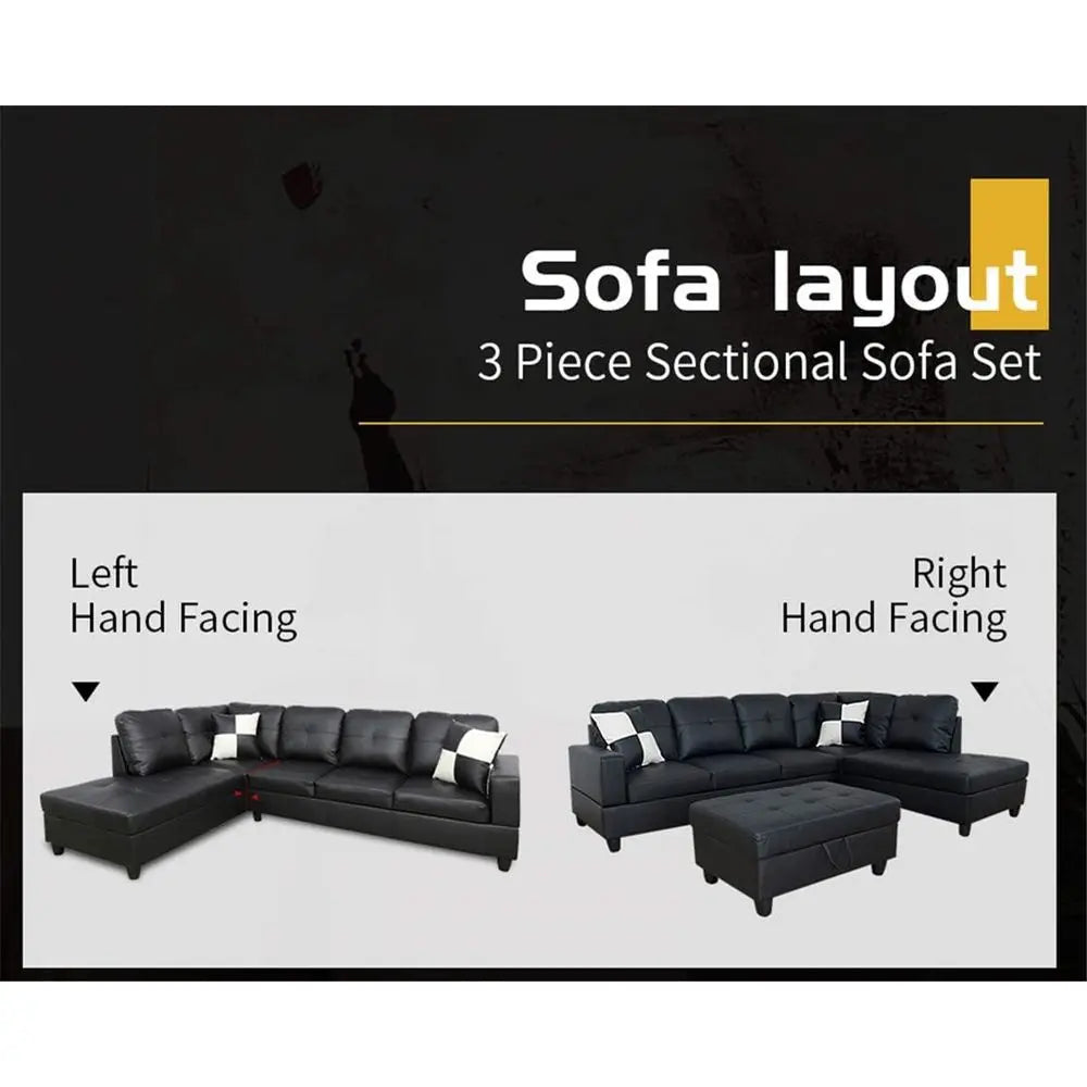 3-Piece L-Shape Sofa Set With Ottoman And Pillows