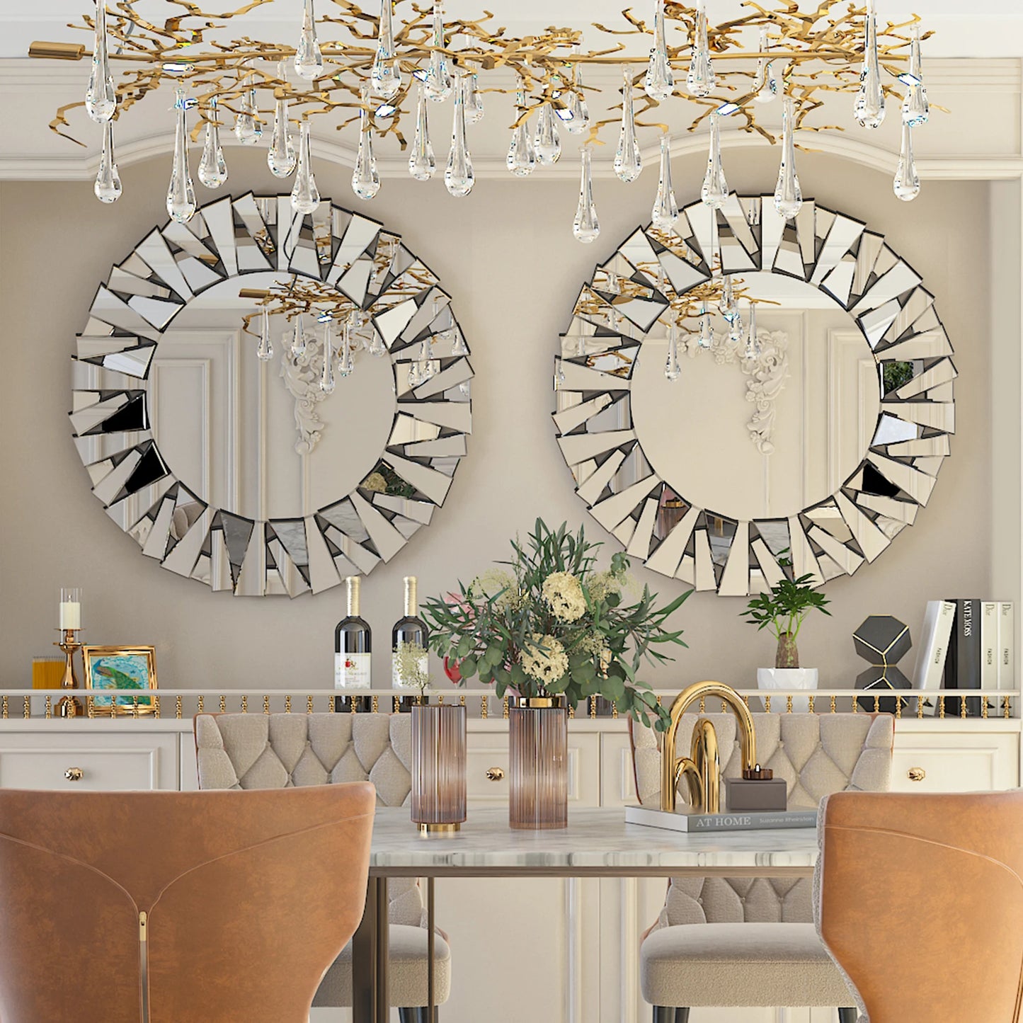 Sunburst Round Wall Mirror Beveled Glass Wall Decor