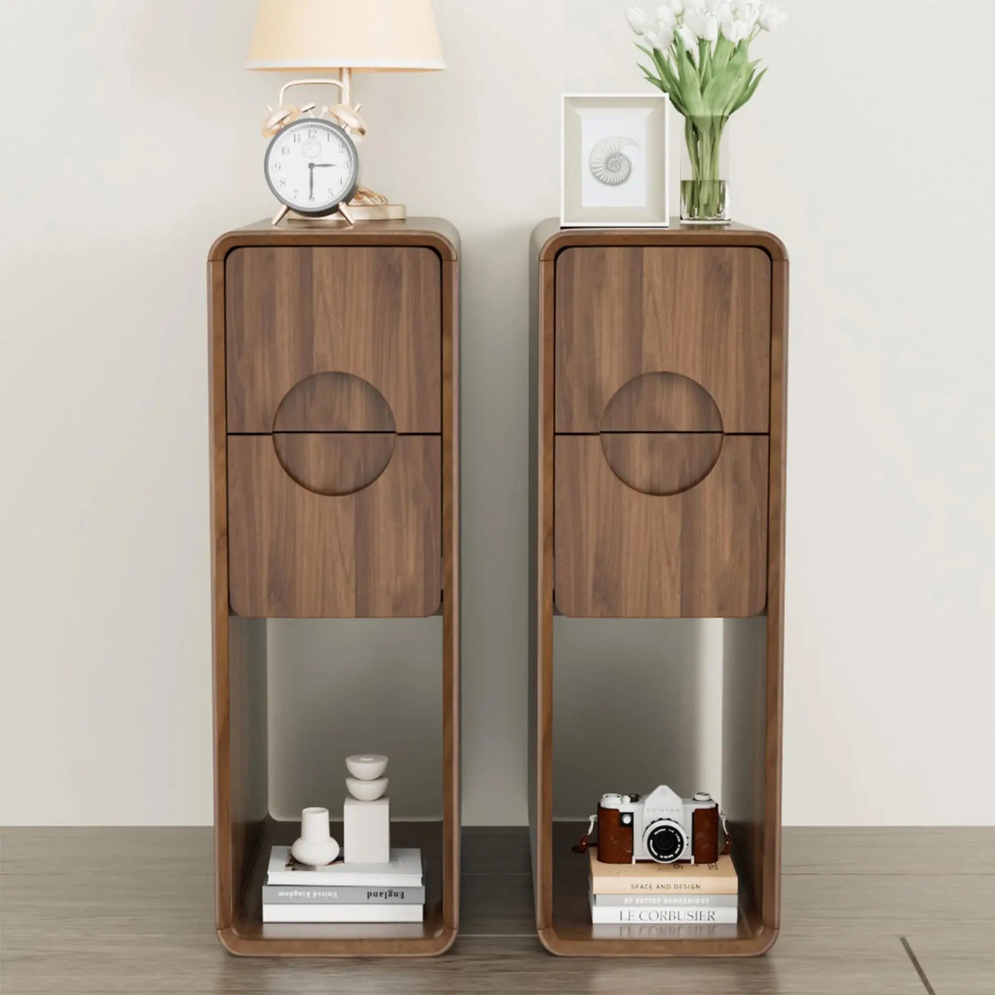 Jluomei Narrow Fluted Wooden Nightstand Two Drawer Bedside Table