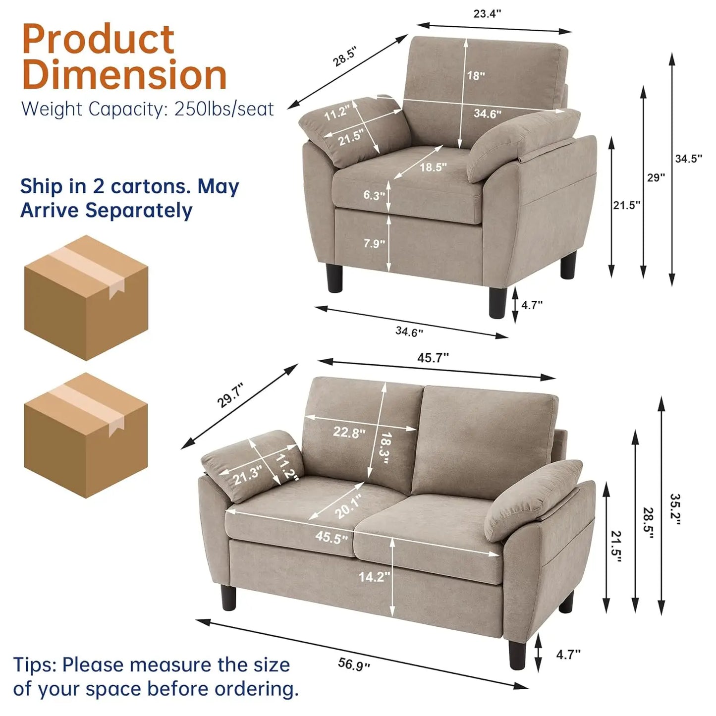 Two-Piece Linen Sectional Loveseat And Chair Set For Living Room