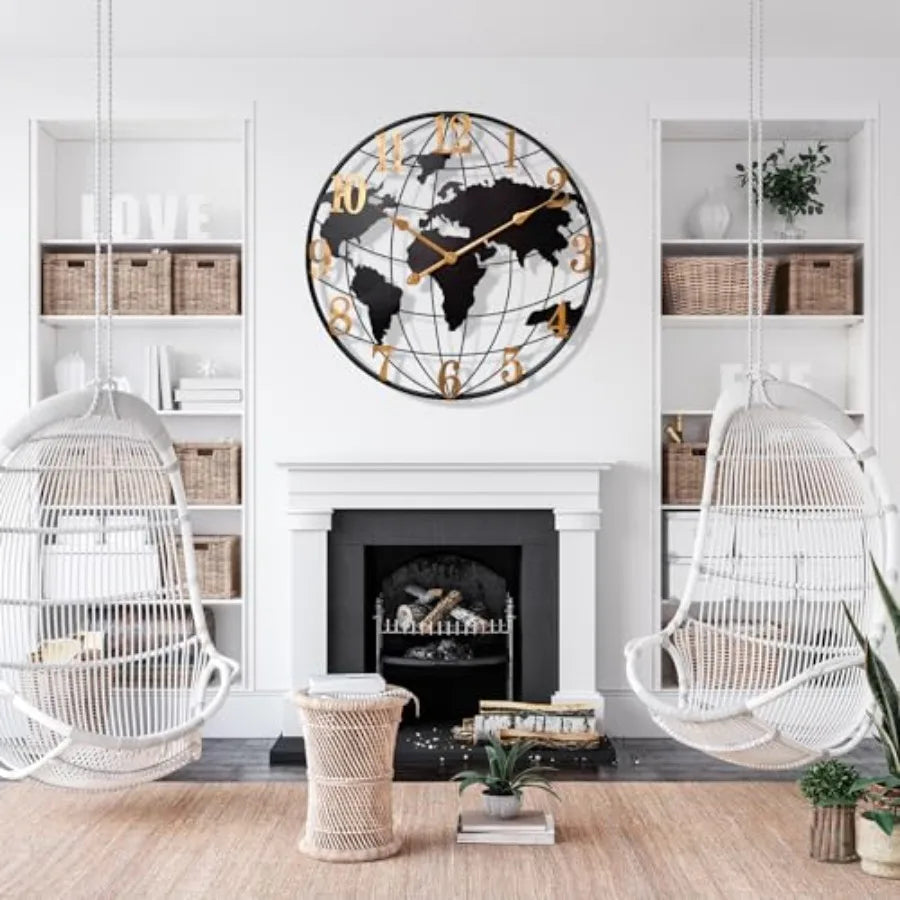 World Map Wall Clock Metal Minimalist Modern Design