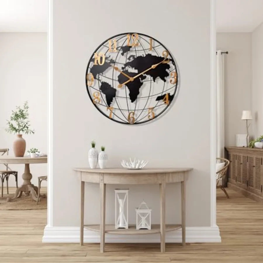 World Map Wall Clock Metal Minimalist Modern Design