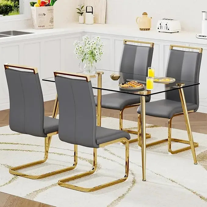 5 Piece Dining Set With Tempered Glass Table PU Chairs