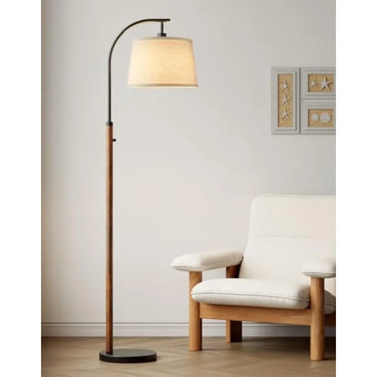 Mid Century Arc Floor Lamp With Dimmable LED Bulb Linen Shade