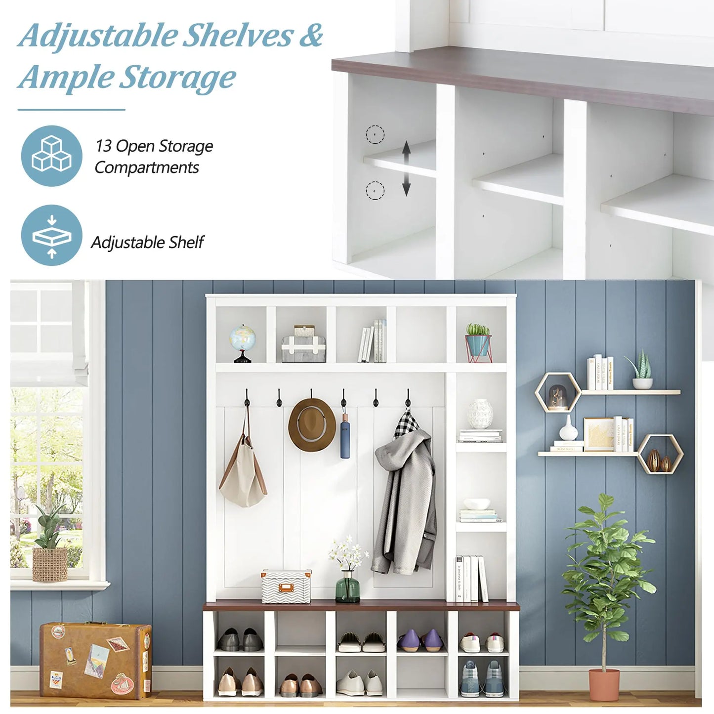 Farmhouse Style Hall Tree With 6 Hooks Entryway Bench Shoe Organizer With Open Compartments White