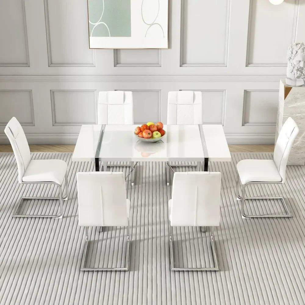 Dining Table Chairs Set For Six With PU Leather Upholstery