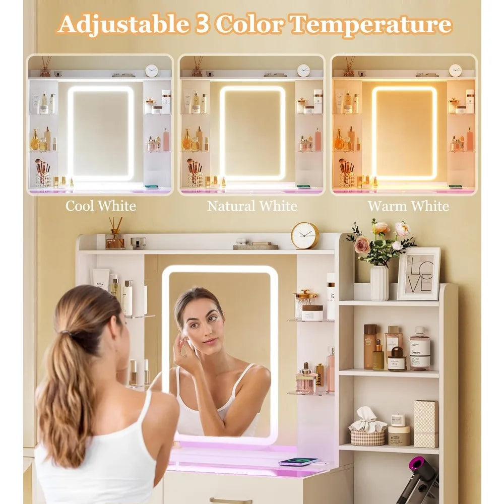 Glass Top Vanity Desk With LED Mirror And RGB Drawers