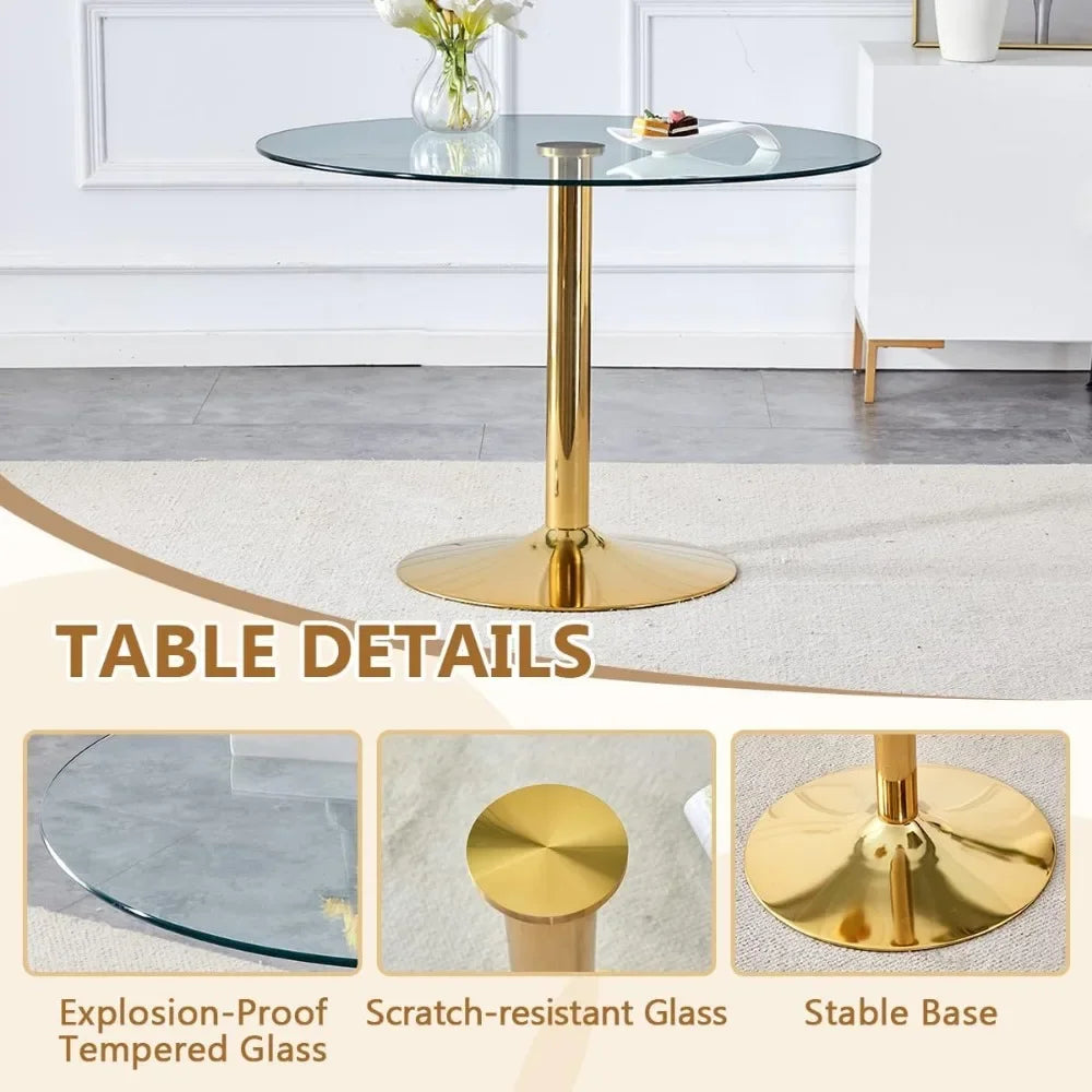 Round Glass Dining Table Set For Four With Metal Legs