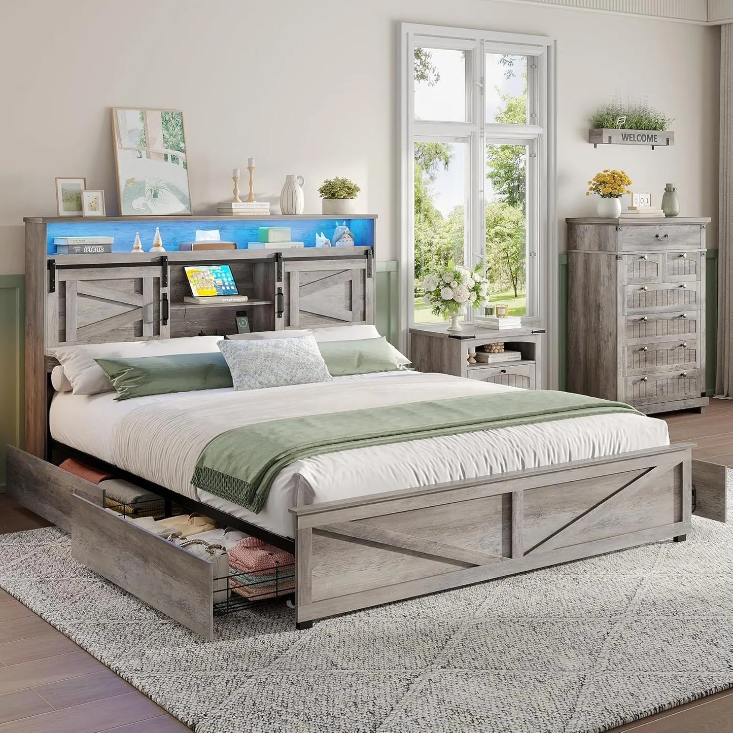 XIAOLANG Farmhouse Bed Frame With Four Drawers And Bookcase Headboard