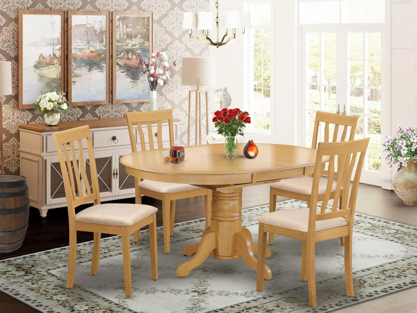 Oval Dining Room Set With Butterfly Leaves And Linen Chairs