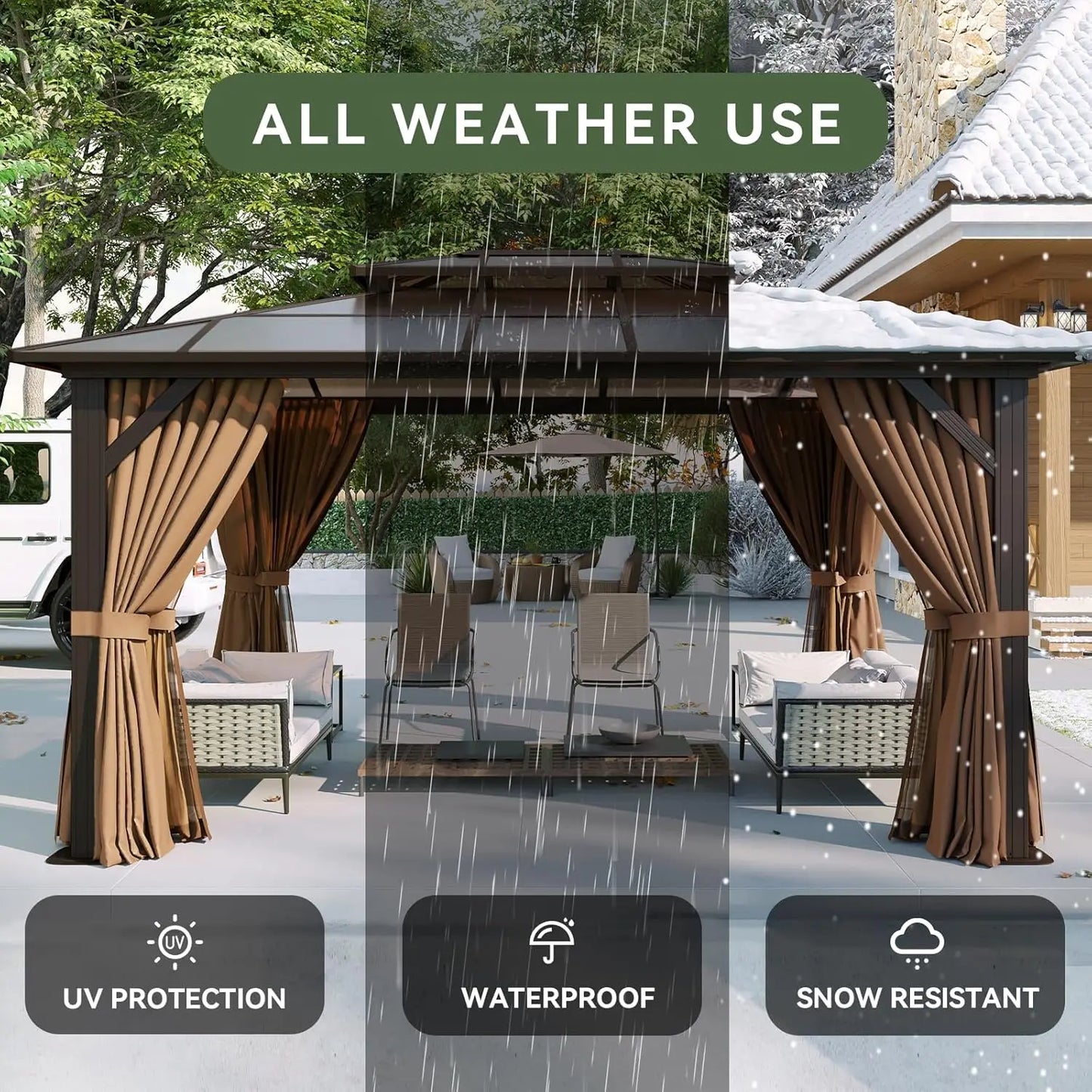 Aluminum Frame Gazebo With Polycarbonate Double Roof And Curtains Netting