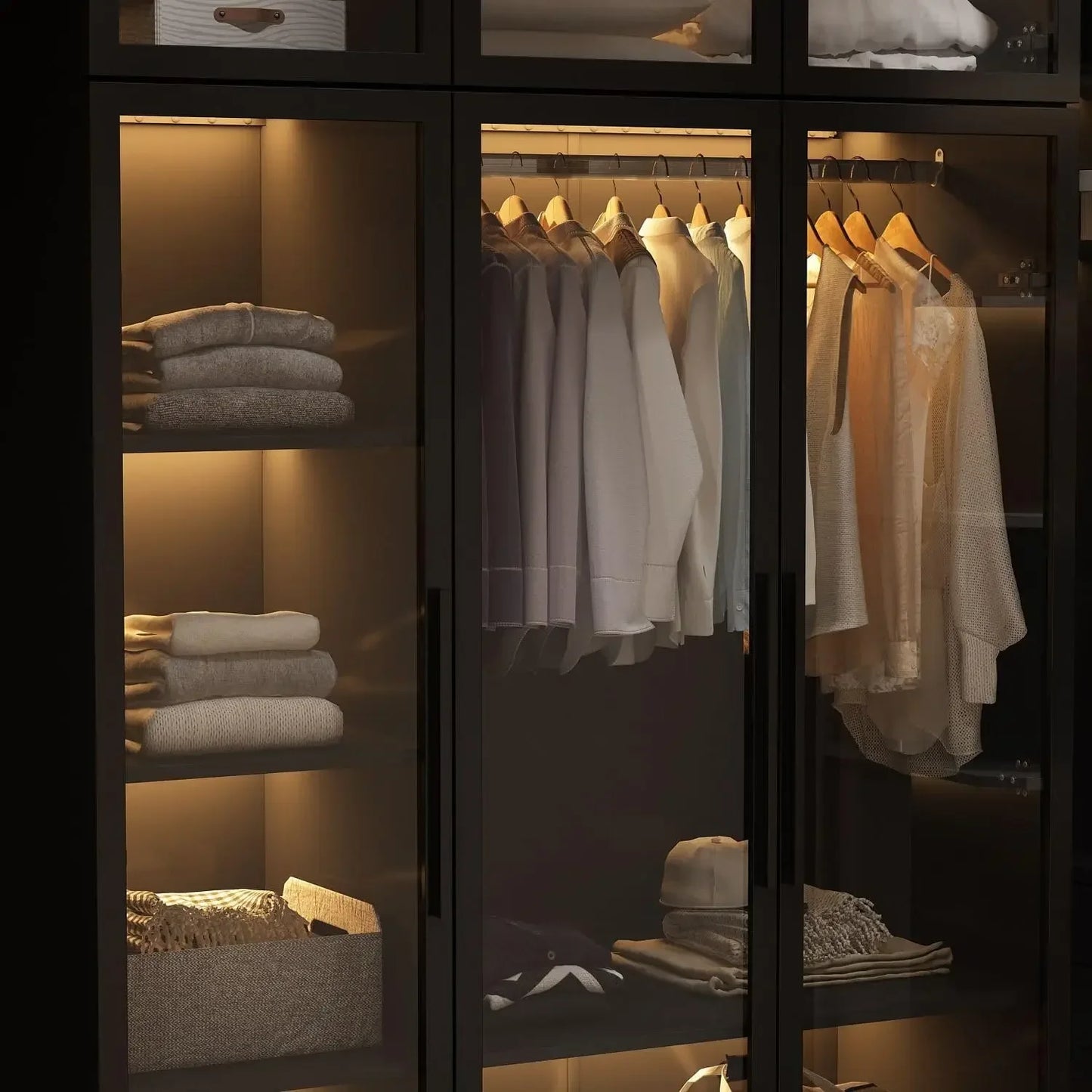 Glass Wardrobe Closet With Lights And Hanging Rod For Cloakroom