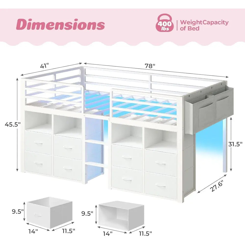 Storage Bed With 8 Drawers, Bookcase, LED Lights, Safety Rail