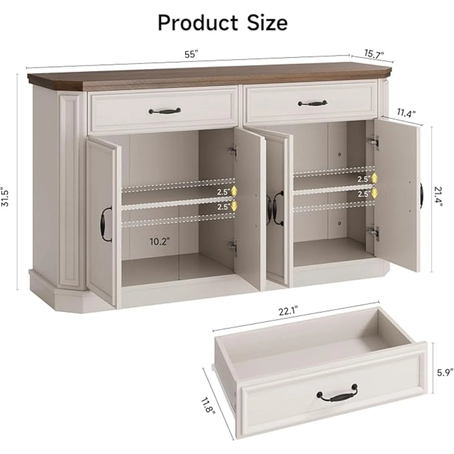 55" Sideboard Buet Cabinet with 2 Storage Ders & 4 Do, ern Kitchen Sideboards and Buets with Adjustable Shelves, Wood Coee Bar C