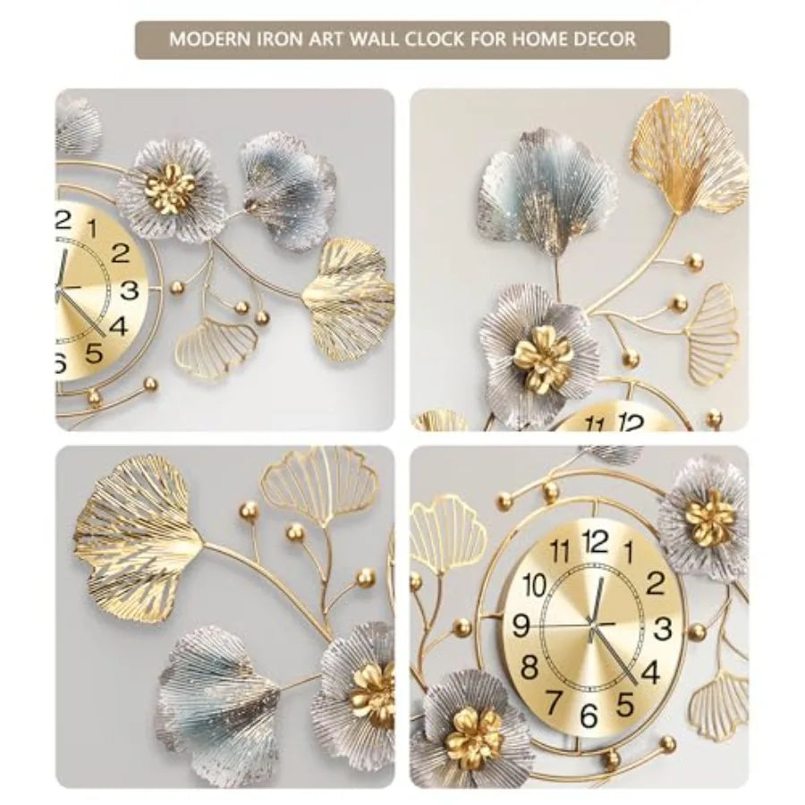 Retro Ginkgo Leaf Metal Wall Clock With Silent 3D Mechanism