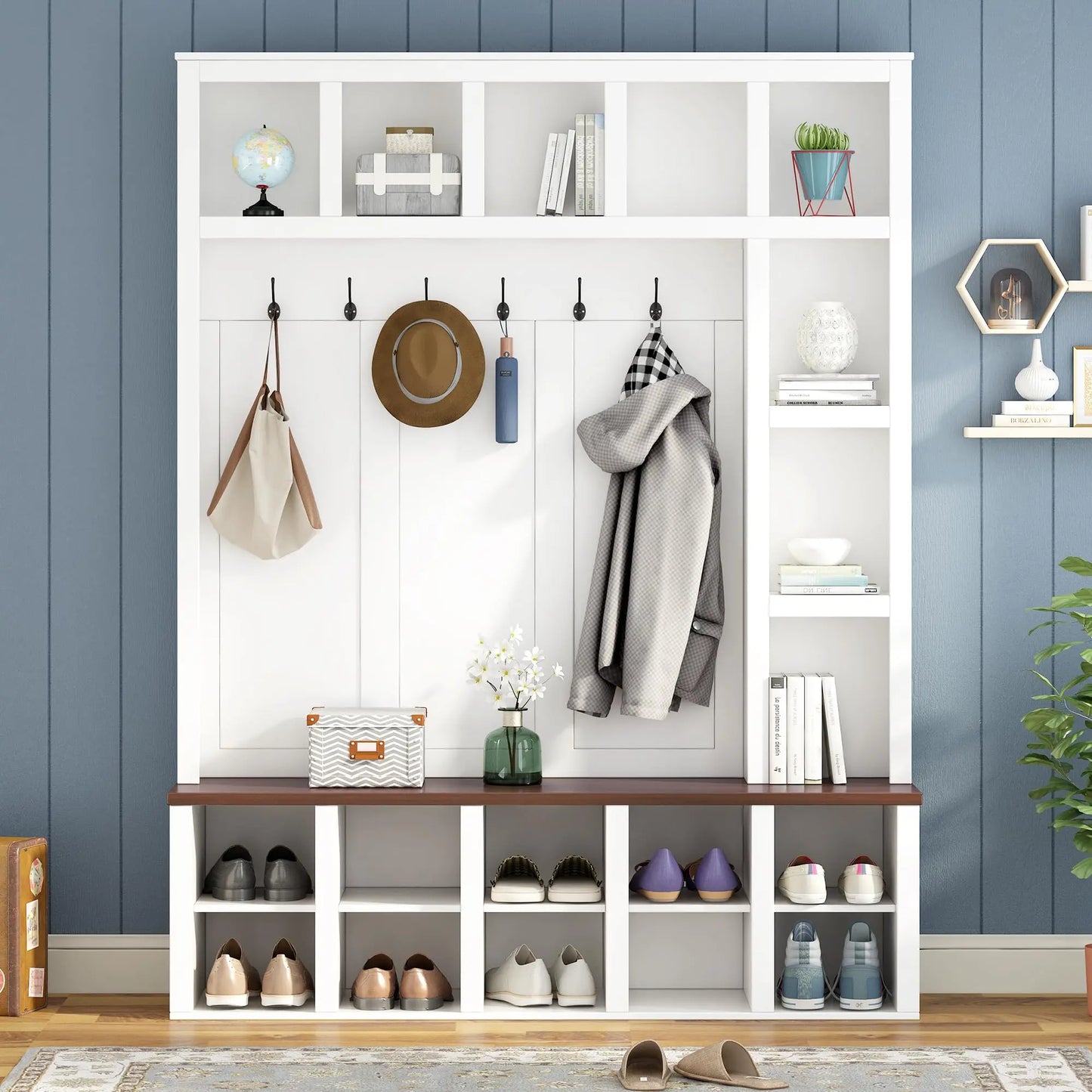 Farmhouse Style Hall Tree With 6 Hooks Entryway Bench Shoe Organizer With Open Compartments White